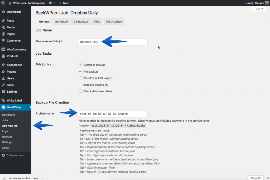 WordPress to Dropbox backup add new