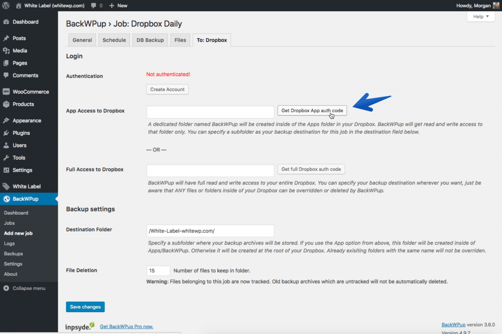 WordPress Dropbox Backup auth