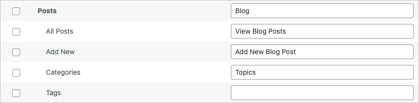Screenshot of White Label Rename WordPress Sidebar Menu Choices
