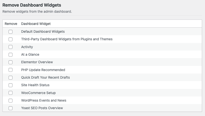 Screenshot of White Label Remove Dashboard Widgets Feature