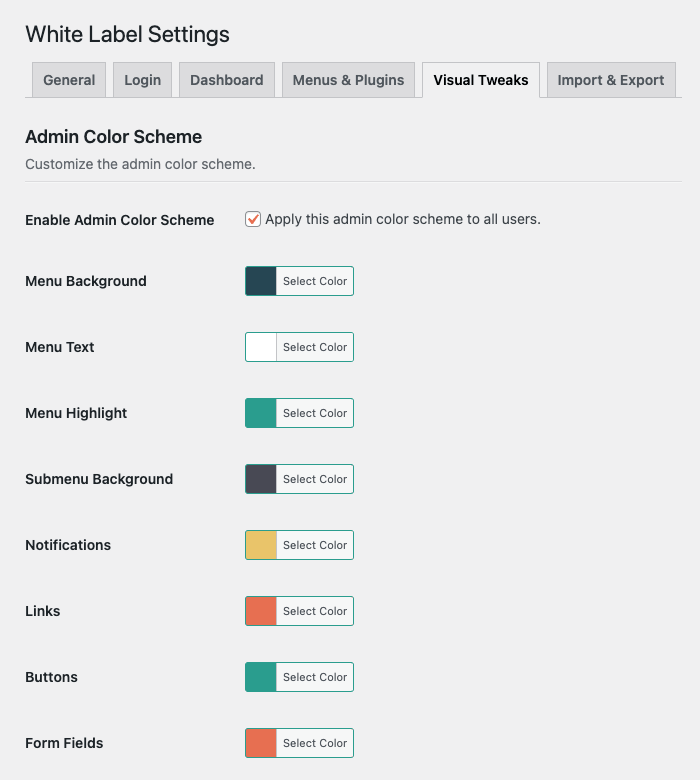 Screenshot of White Label Admin Color Scheme Feature