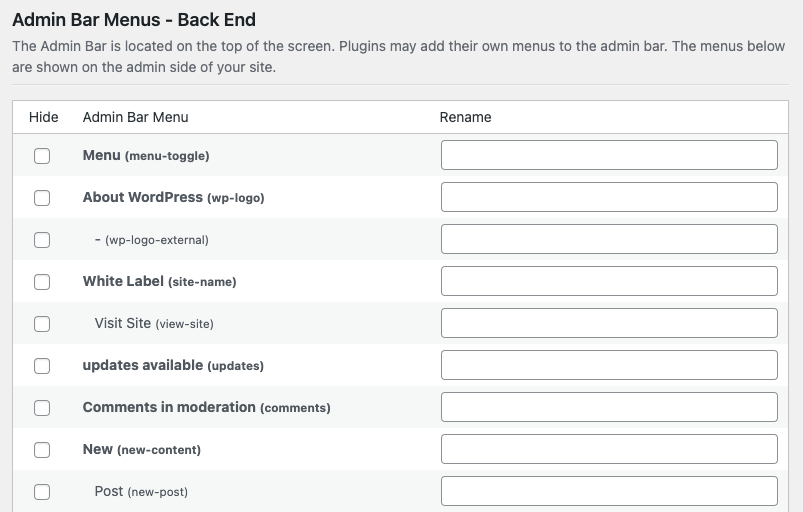 Screenshot of White Label Pro Hide WordPress Admin Bar Menus