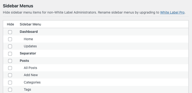 Screenshot of White Label Hide WordPress Admin Sidebar Menus