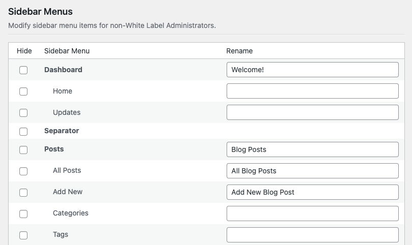 Screenshot of White Label Pro Rename WordPress Admin Menus
