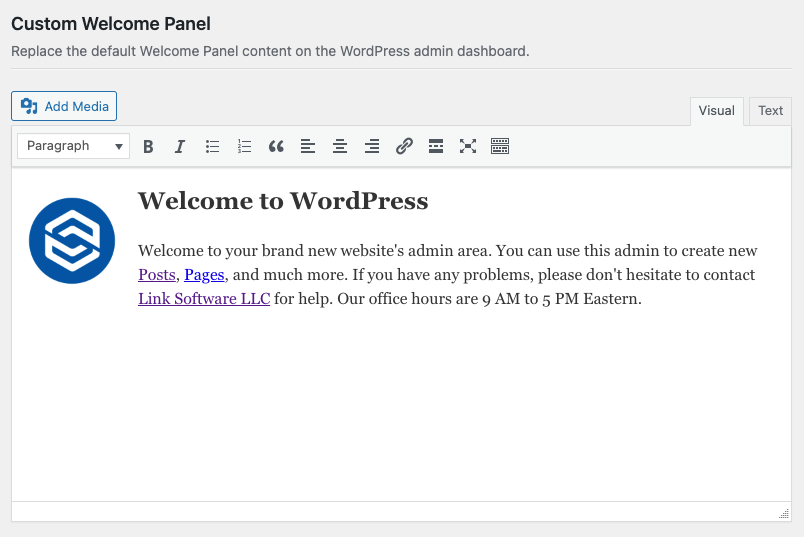 Screenshot of White Label's Custom WordPress Welcome Panel Setting