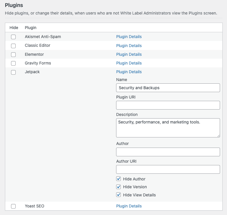 Screenshot of Plugin Details in White Label Pro