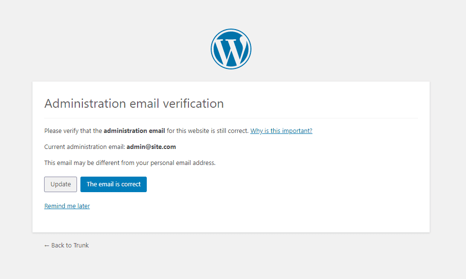 WordPress Administration Email Verification Screenshot
