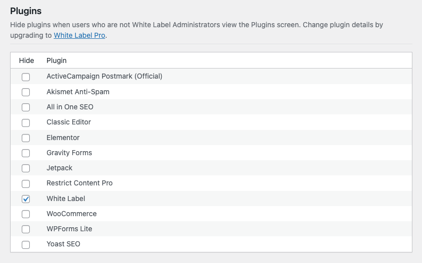 Screenshot of Hide Plugins Feature in White Label
