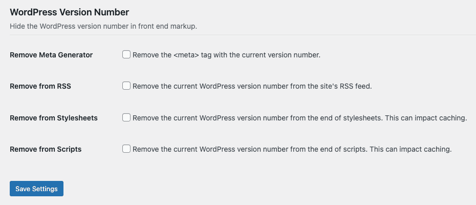 Screenshot of Hide WordPress Version Number from Front End Feature in White Label Pro