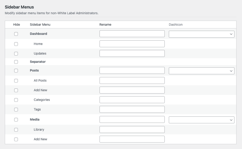 Screenshot of Sidebar Menus Features in White Label Pro