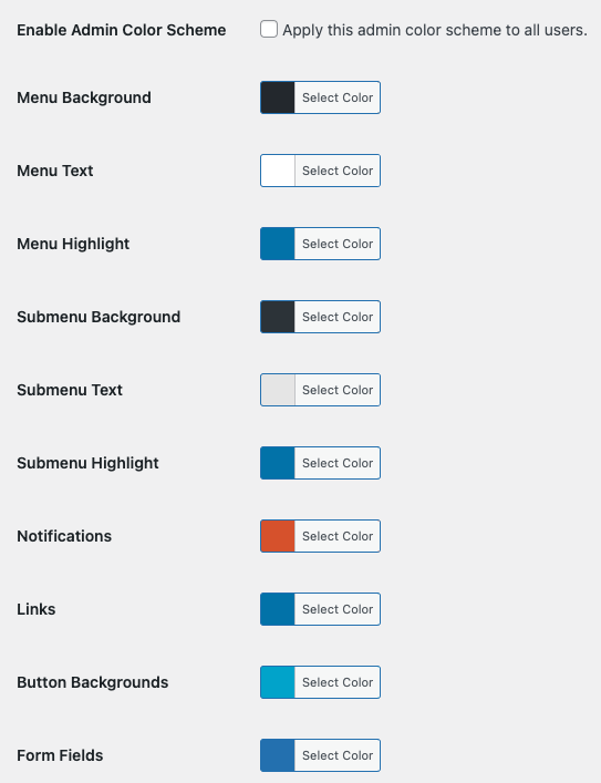 Screenshot of White Label's Admin Color Scheme Feature