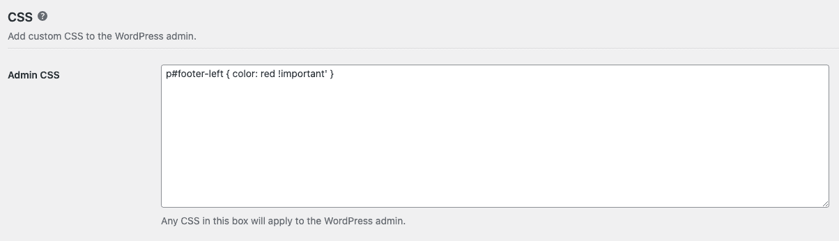 Screenshot of White Label's WordPress Admin CSS Feature