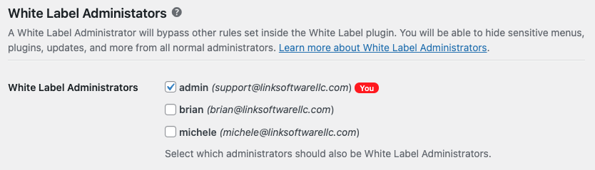 Screenshot of the White Label Administrators Feature