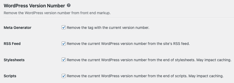 Screenshot of White Label's Remove WordPress Version Number Feature