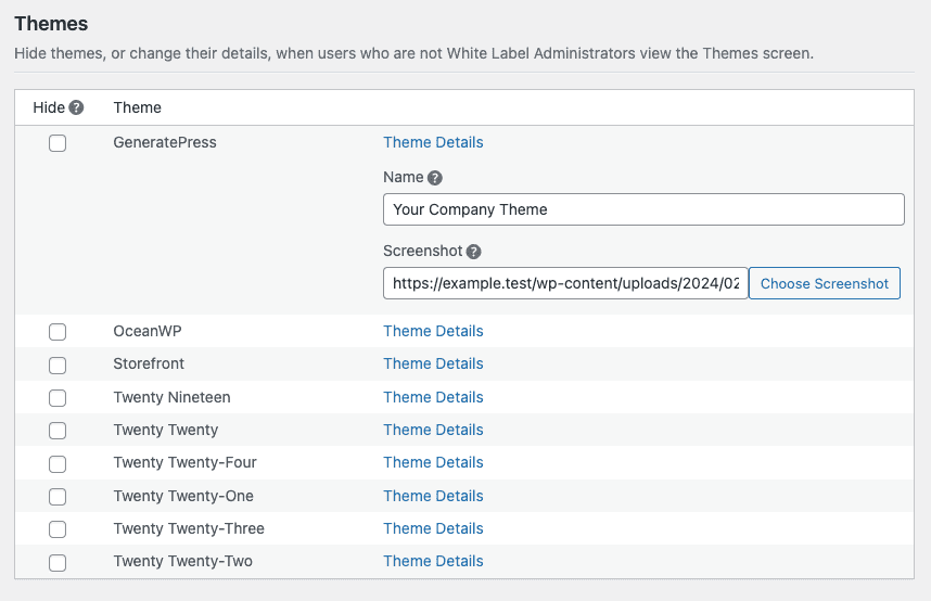 Screenshot of White Label's Rename WordPress Theme and Change WordPress Theme Screenshot Features