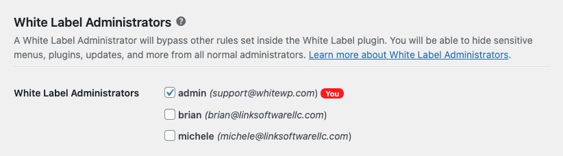 Screenshot of the White Label Administrators Feature