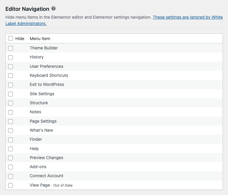 Screenshot of White Label's Elementor Editor Navigation Feature