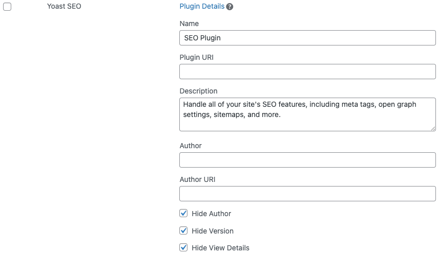 Screenshot of White Label's Plugin Details Feature with Yoast SEO