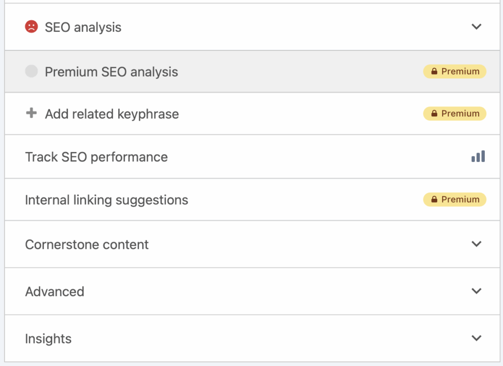 Screenshot of Block Editor Meta Box Yoast SEO Premium Upsells Before White Label Pro Hide Upsells Changes