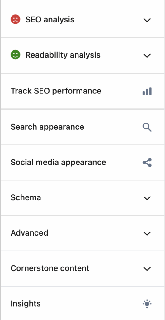 Screenshot of Block Editor Sidebar Yoast SEO Premium Upsells After White Label Pro Hide Upsells Changes