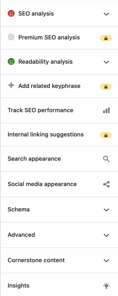 Screenshot of Block Editor Sidebar Yoast SEO Premium Upsells Before White Label Pro Hide Upsells Changes