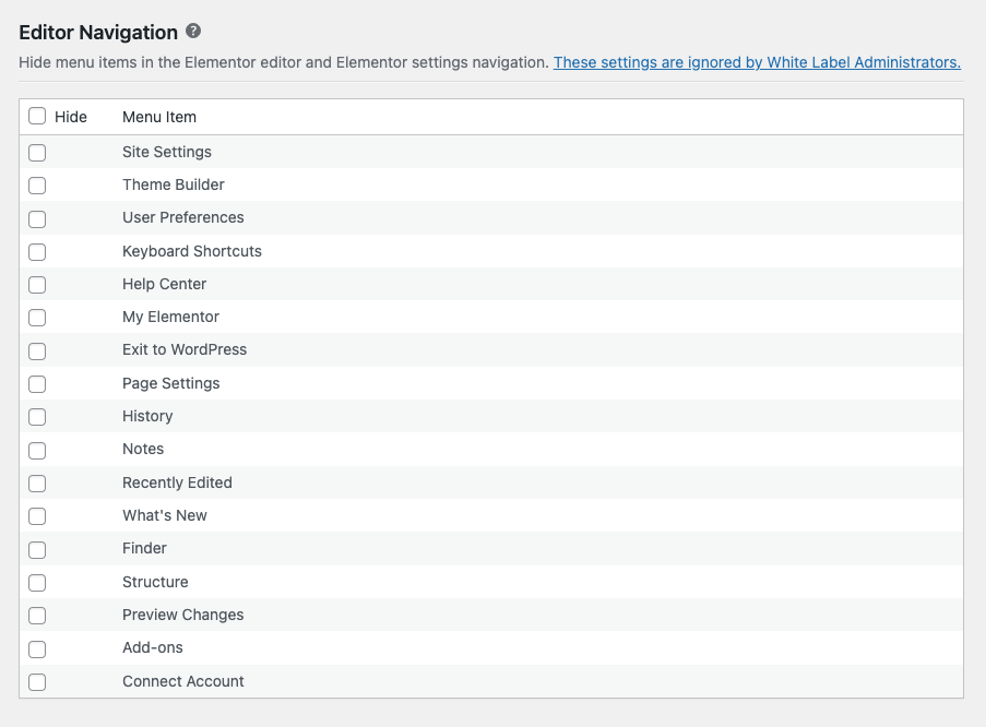 Screenshot of White Label's Elementor Editor Navigation Feature