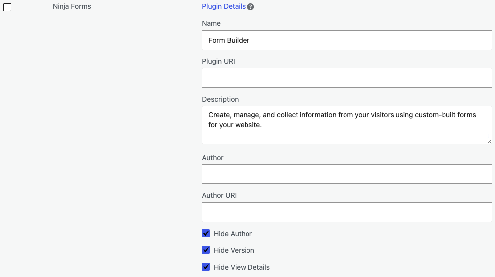 Screenshot of White Label's Plugin Details Feature with Ninja Forms